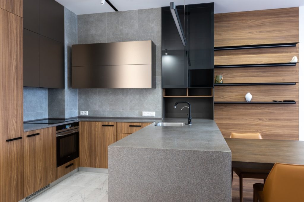 Interior of modern kitchen with counter